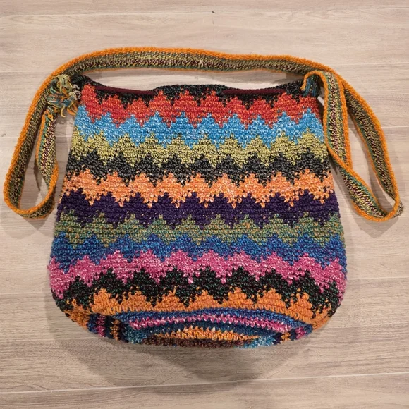 Crochet Bag Colorful Drawstring Bucket Hippie Boho Festival Travel Handmade Knit - Picture 5 of 9